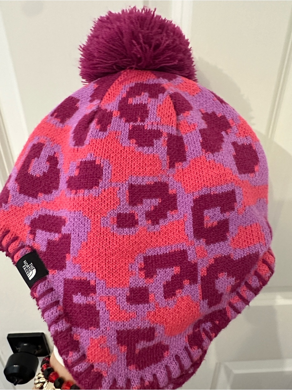 The North Face Kids Pink, Purple & Magenta Leopard Pom Beanie
